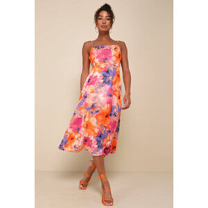 Lulus Radiant Feelings Orange And Purple Floral Chiffon Midi Dress - Size S